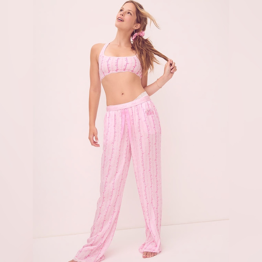 PINK LoveShackFancy Silk Sleep Pant Floral Logo Lounge Pajama Bottom Medium Long